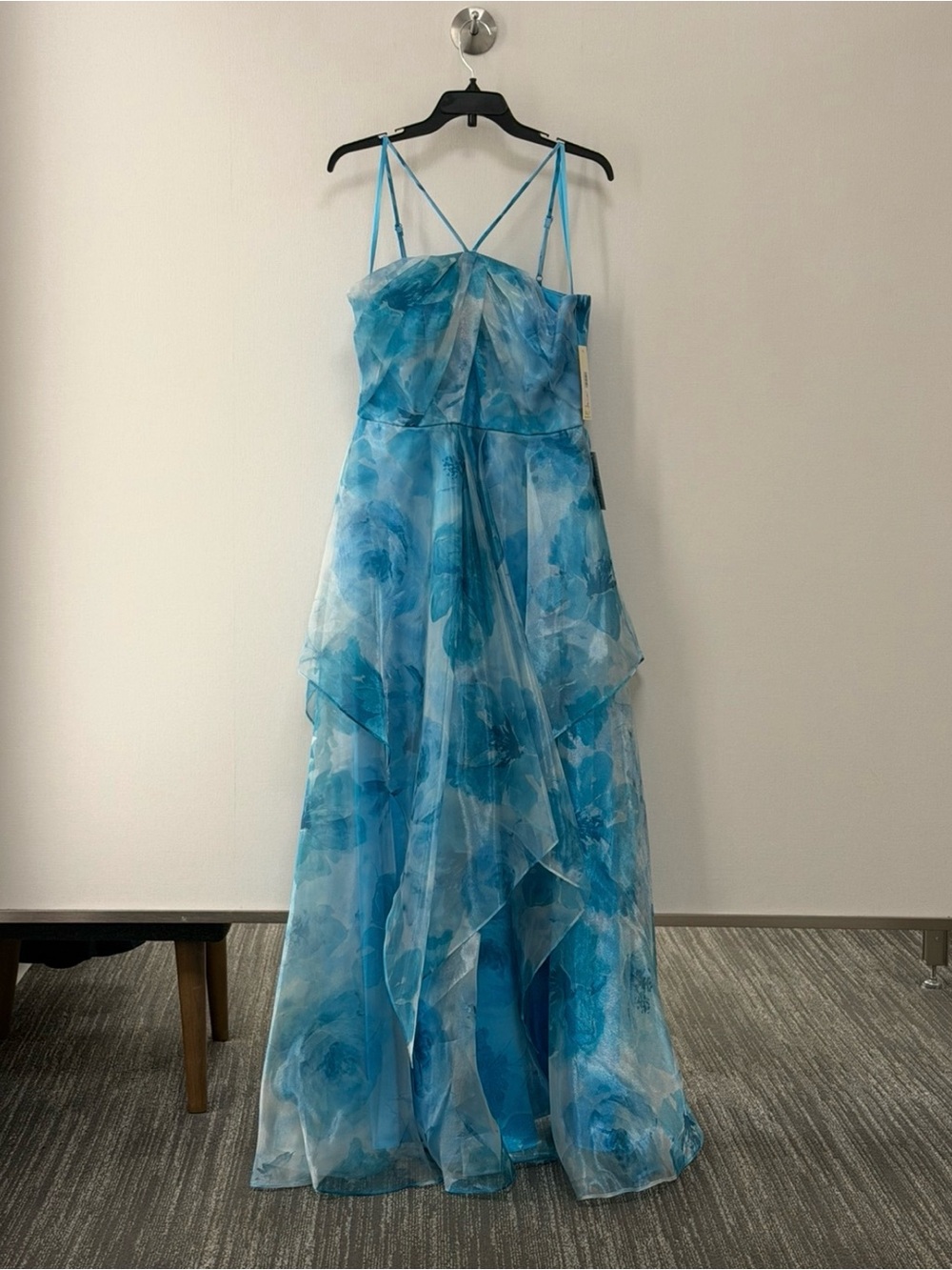 Eliza J Blue Floral Chiffon Layered Prom Gown